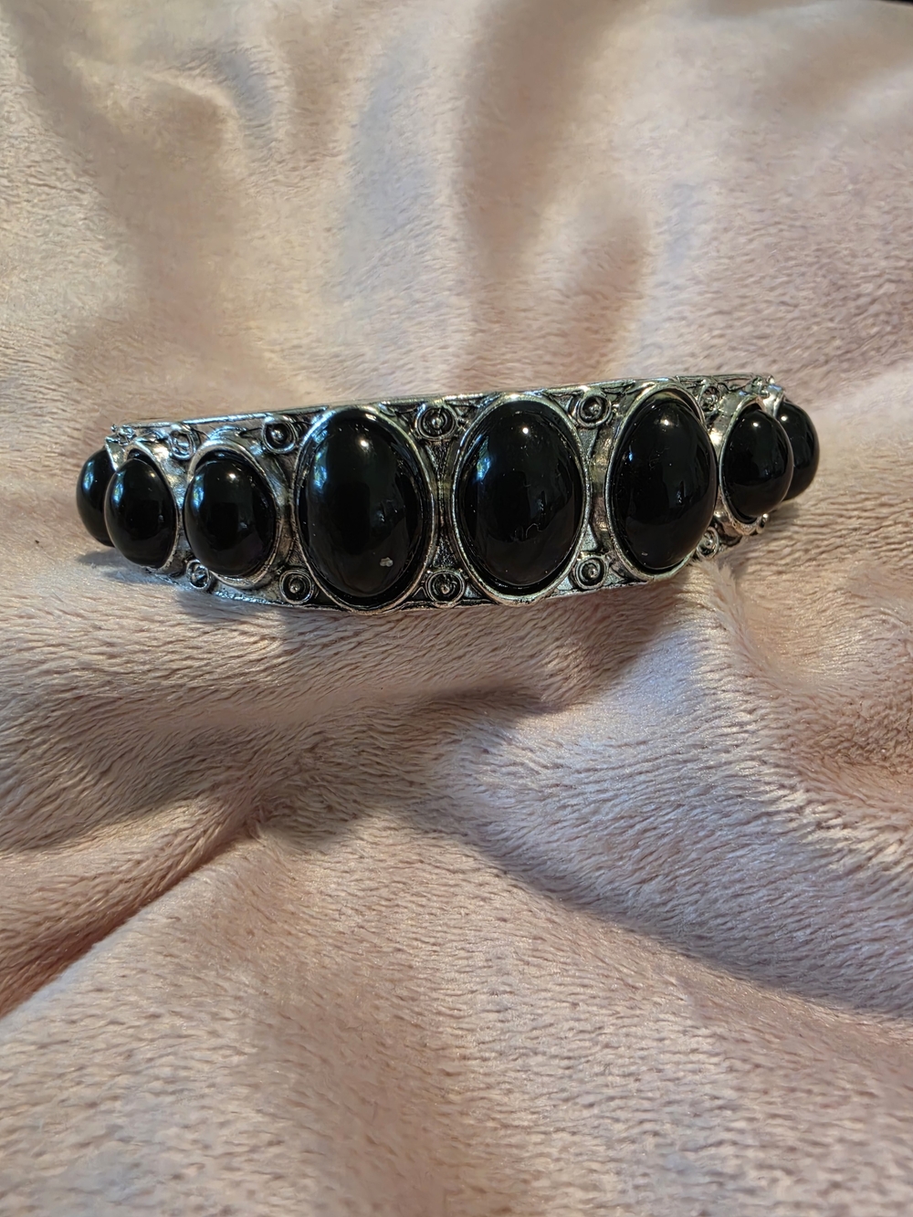 Black Onyx-Style Silvertone Statement Bracelet - Women Jewelry
